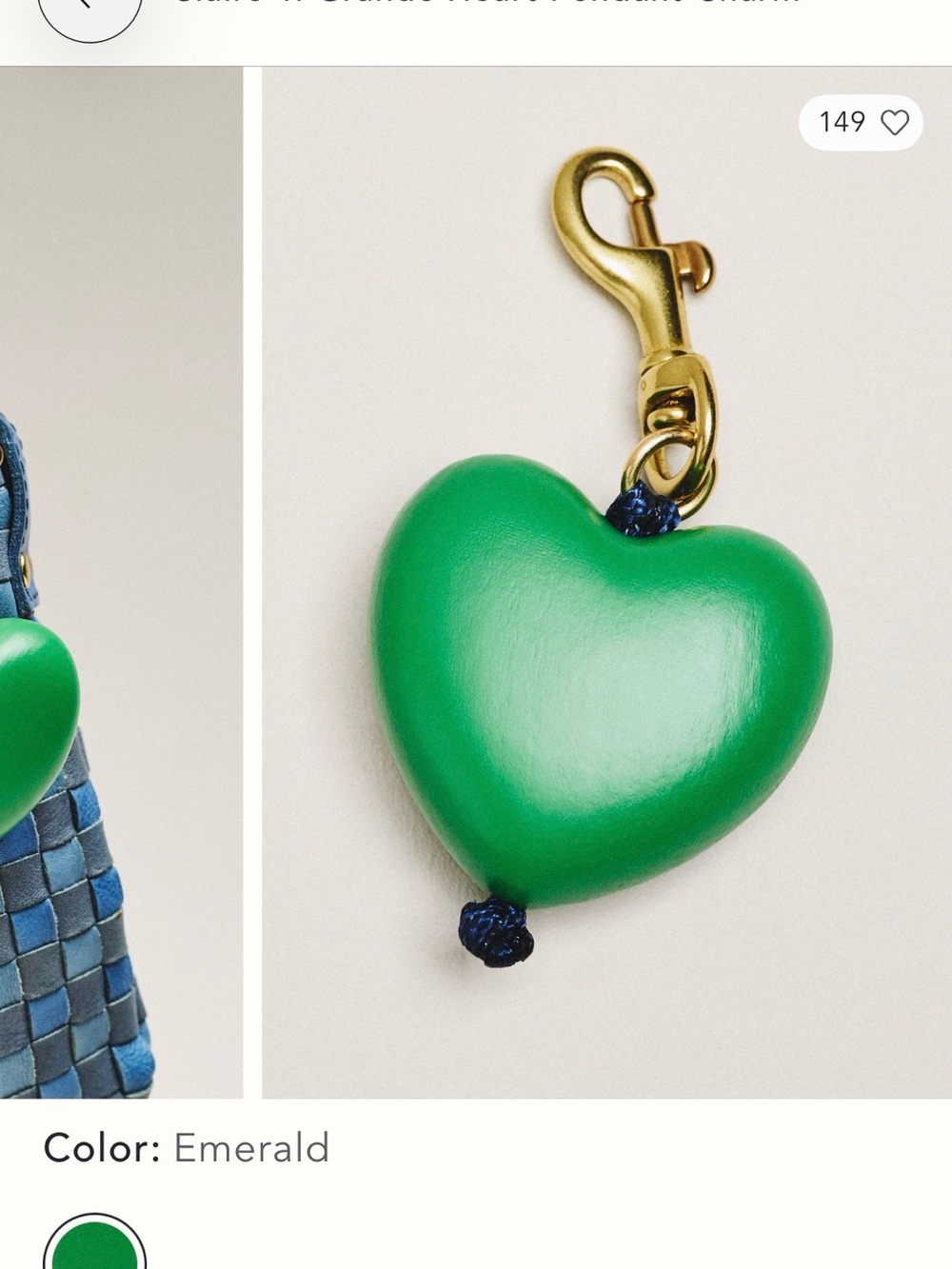 Clare V Emerald Heart Bag Charm - Green Heart Accessory - Picture 2 of 5